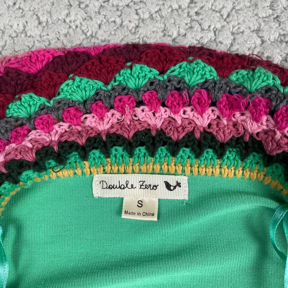 Double Zero Open Front Cardigan Womens Small Rainbow Crochet Edging Grandma - Picture 2 of 6